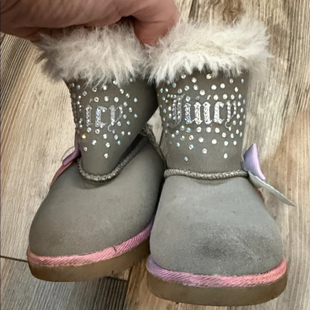 Juicy Couture Lil Coronado Gray Boots with Rhinestones & Rainbow Bow